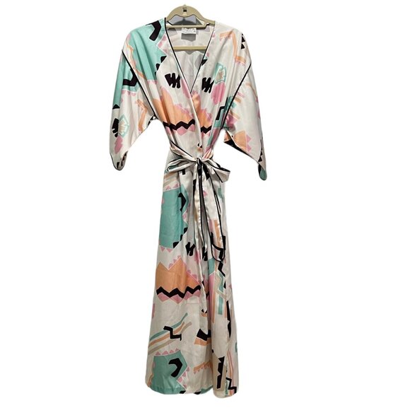 Mary McFadden Collection I Silky Kimono Robe Geometric Abstract Print Satin S - Picture 12 of 15